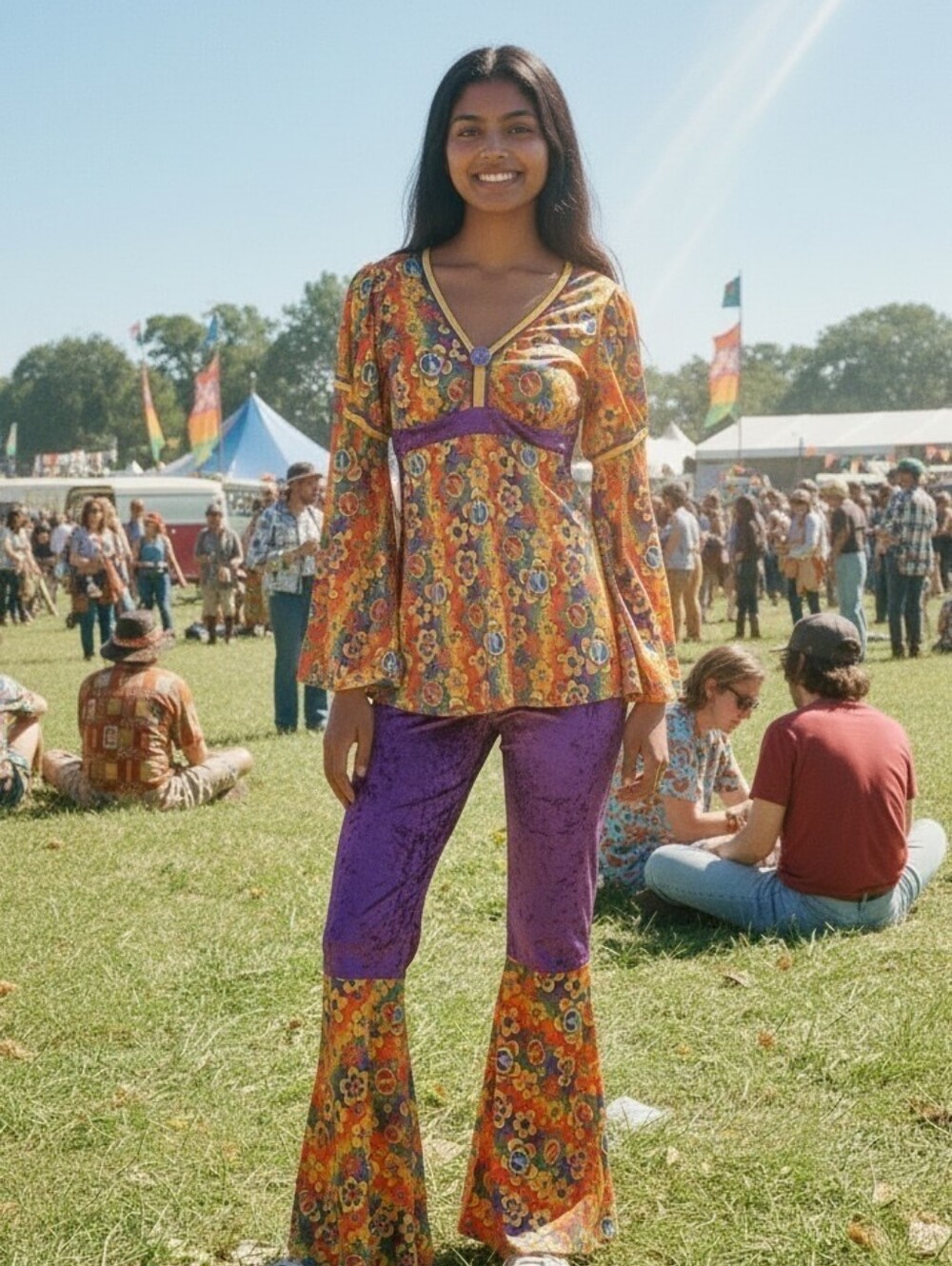 NEW 70s GROOVY HIPPIE ADULT TALL SET TIE-BACK TUNIC & VELVET BELL BOTTOMS